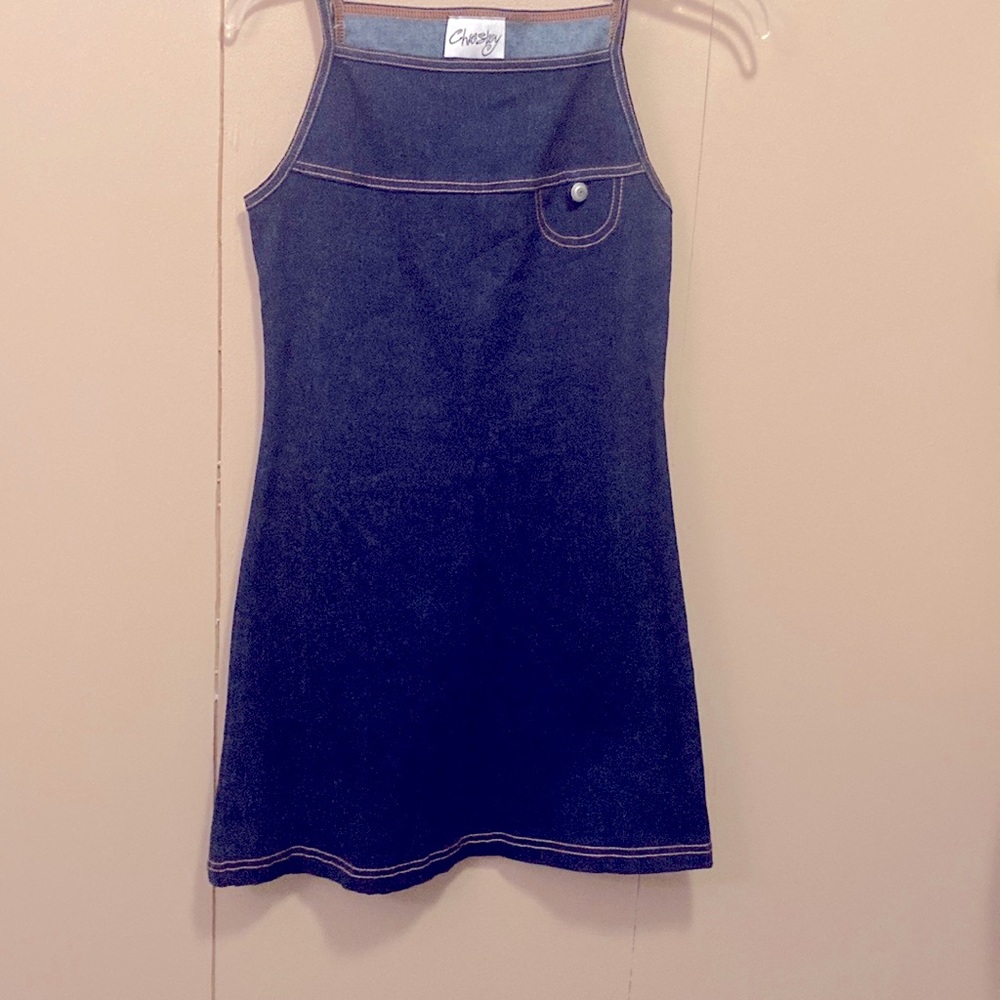 Vintage Sleeveless DENIM JUMPER/Dress Cotton/Spandex Dk Blue w/topstitch details